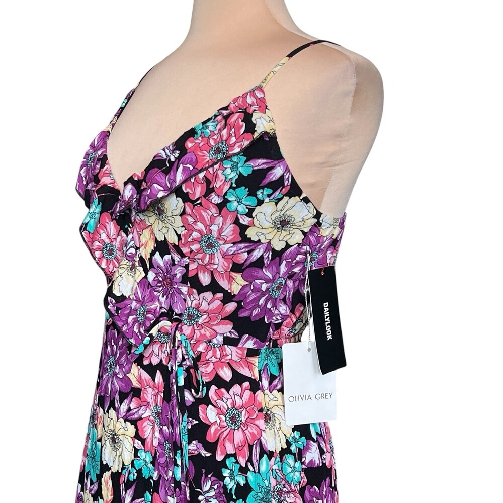 NWT Olivia Grey Floral Maxi Wrap Dress Small Black Pink Purple Ruffle Sleeveless - Picture 5 of 14